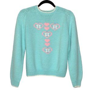 Vintage 60s Blue Sweater, 1960s Pastel Embroidered Heart Sweater, Twee Kawaii